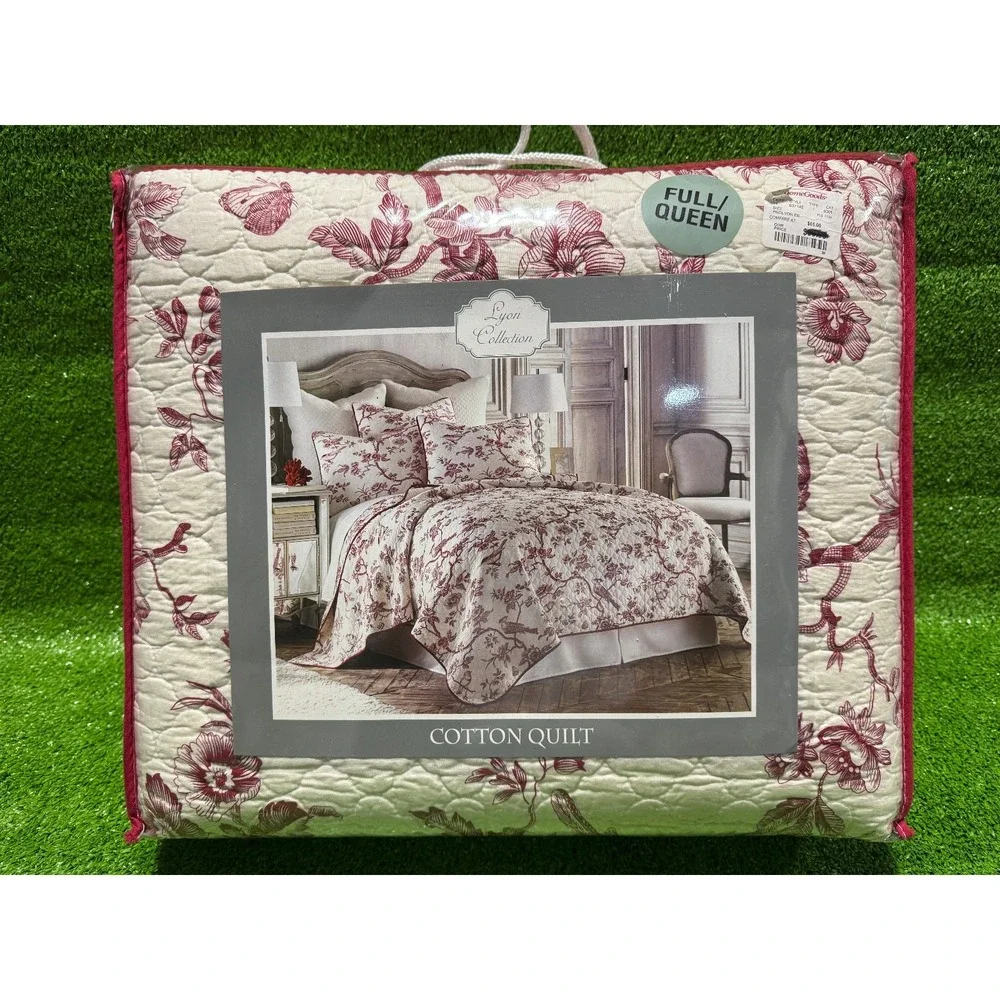 LYON COLLECTION - Red & White Floral‎ Full/Queen Cotton Quilt - 88 x 92 in - NEW